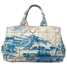 Borsa Satchel Prada Large Canvas Canapa Azulejos Blu
