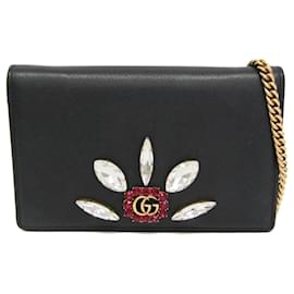 Portafoglio a catena/spalla in pelle Gucci Double G Crystal Bijou