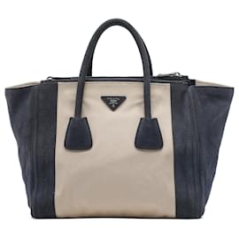 Prada Satchel mit Doppelgriffen und Doppeltaschen aus beigem Canvas und Wildleder