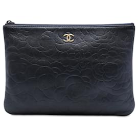 Chanel Blue Medium CC Embossed Lambskin Camellia O Case Clutch