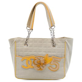 Chanel Beige CC Chocolate Bar Canvas Camellia No. 5 Tote