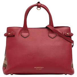 Sac Satchel Banner Burberry en cuir rouge et House Check, taille Medium