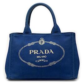Borsa Tote Prada Blue Small Canvas Canapa Logo