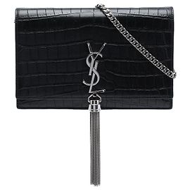 Saint Laurent Portafoglio con catena Monogram Kate in pelle embossed croc nera