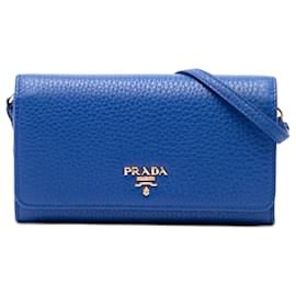 Portafoglio Prada Blue Vitello Daino con tracolla