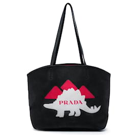Prada Canapa Tote aus schwarzem Canvas mit Dinosaurier-Print