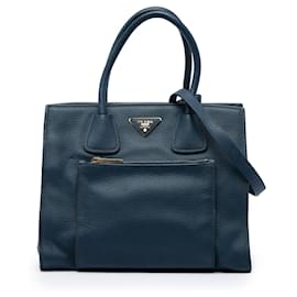 Prada Blue Vitello Daino Convertible Tote mit Fronttasche