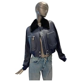 Louis Vuitton Bomberjacke aus dunkelblauem Leder mit Pelzkragen