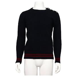 Mohair-Strickpullover für Herren in Navy mit roten Streifen und Schulterknöpfen - Balmain