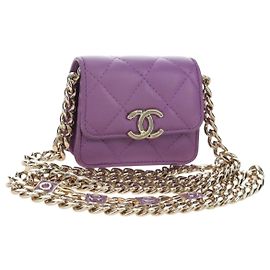 CHANEL Matelasse Chain Shoulder Pouch Lamb Skin Purple Gold CC Auth 195109M