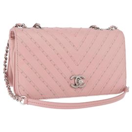 Borsa a tracolla CHANEL V Stitch Chain Studs in pelle d'agnello rosa argento CC Auth ka5624SAV