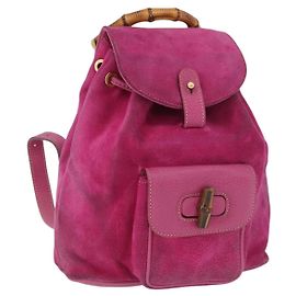 Mochila GUCCI Bamboo Camurça Rosa Tom Dourado 003 1705 0080 Auth BA14635