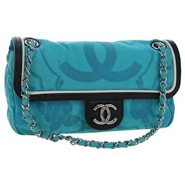 Bolsa de Ombro com Corrente CHANEL Canvas Azul Turquesa Prata CC Auth 195104M