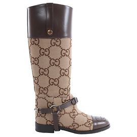 Stivali alti Gucci in tela GG e pelle marrone 674673, Taglia EU 37.5