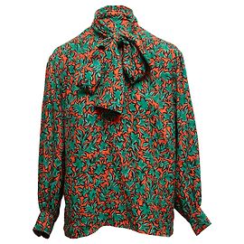 Blusa Vintage Saint Laurent con stampa a foglie arancione e multicolore e fiocco Pussy Bow Taglia FR 34