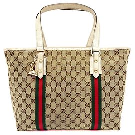 Gucci Sherry Line Tote Bag aus GG Canvas und Leder Elfenbein