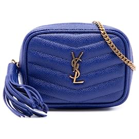 Saint Laurent Blue Baby Chevron Grain De Poudre Monogram Lou Camera Bag