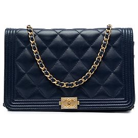 Chanel Blue Quilted Lambskin Boy Wallet On Chain