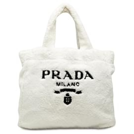 Prada White Spugna Terry Cloth Logo Tote