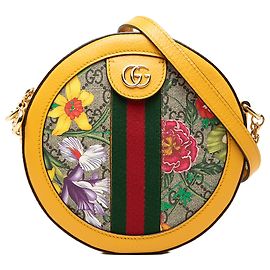 Gucci Mini Borsa a Tracolla Rotonda Ophidia in GG Supreme Beige con Web Flora