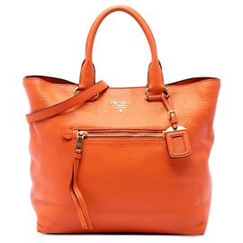 Bolso Tote convertible abierto Prada Orange Vitello Daino con bolsillo frontal