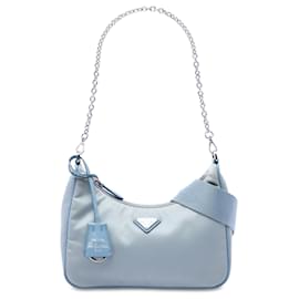 Borsa Satchel Prada Re Edition 2005 in Tessuto con Rifiniture in Saffiano Blu