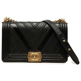 Chanel Black Old Medium Chevron Mixed Leather Boy Flap