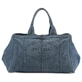 Prada Blue Large Denim Canapa Logo Tote Bag