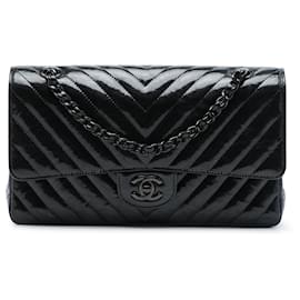 Chanel Black Medium Classic Chevron Patent So Black Double Flap