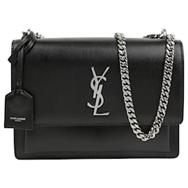 Borsa a tracolla Sunset Medium in pelle liscia con catena Nero Argento - Saint Laurent