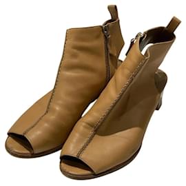 Botines peep-toe Hermes de cuero Tan con tacones bloque plateados - Hermès