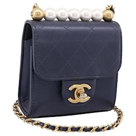 Borsa CHANEL Mini Matelasse Chain Pearl Bag Goatskin Navy Gold CC Auth 197060SAM