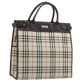 BURBERRY Nova Check Handtasche Canvas Beige Silver Auth 198650