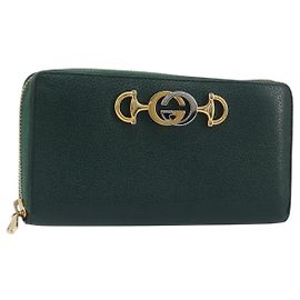 GUCCI Zumi Long Wallet Leather Green Gold 570661 Auth 198799A