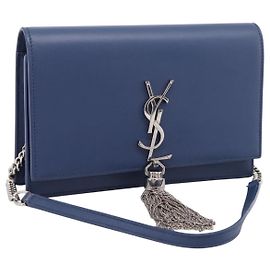 SAINT LAURENT Kate Chain Shoulder Wallet Leather Navy Silver Auth ka5752V