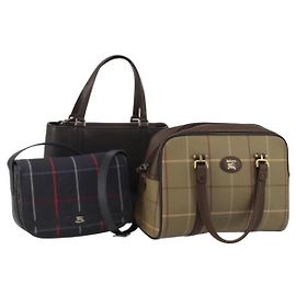 Schultertasche Handtasche BURBERRY Canvas Leder 3er Set Navy Beige Auth BA15066