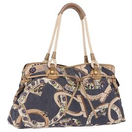 Borsa Tote Salvatore Ferragamo Denim Gancini Navy Gold Tone Auth BA14886A