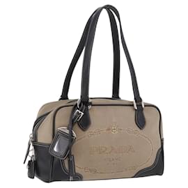 PRADA Tote Bag Canvas Beige Silver Auth 197022A - Prada