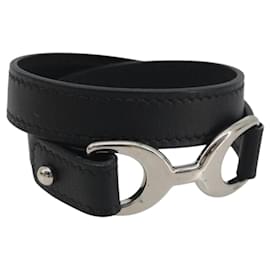 HERMES Papan Armband Leder Schwarz Silber Auth 195944M - Hermès