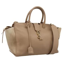 SAINT LAURENT Downtown Cabas Handtasche Leder 2way Beige Gold Auth 197207V