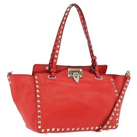 Borsa Tote VALENTINO Studs in pelle 2way Rossa Tono Oro Auth BA14871