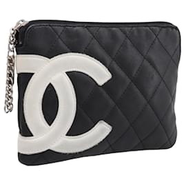CHANEL Cambon Line Matelasse Pouch aus schwarzem Leder mit silbernem CC Auth 197572A
