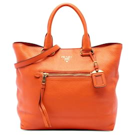 Borsa tote convertibile Prada Vitello Daino Orange con tasca frontale
