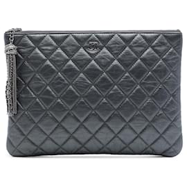 Gray Chanel Medium Quilted Aged Calfskin Chain Tassel O Case Clutch