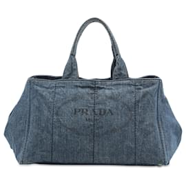Borsa Tote Satchel Prada Large Denim Canapa Logo Blu