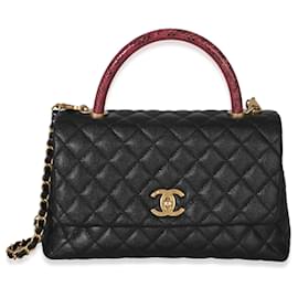 Chanel Medium Coco Top Handle Bag aus schwarzem gestepptem Kaviarleder und Echse