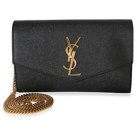 Saint Laurent Uptown Kettenportemonnaie aus schwarzem Grain de Poudre Leder