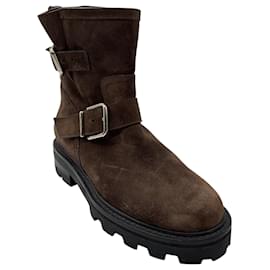 Jimmy Choo Brown Suede Leather Moto Boots with Buckle Detail