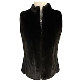 Hermès Chaleco de cachemira negro con cierre frontal Hermes con detalles de piel de visón marrón y piel de becerro