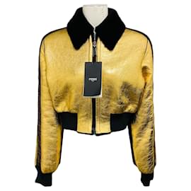 Fendi Gold Metallic / Brown verkürzte Jacke mit Reißverschluss aus gekrämpeltem Lammleder mit FF-Logo-Besatz und schwarzem Lammfellfutter